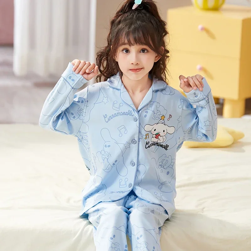 Sanrio Hello Kitty Fall Pure Cotton Long Sleeve Trousers Casual Children Pajamas Home Wear Silk Pajamas Women\'s Sleepwear Suit