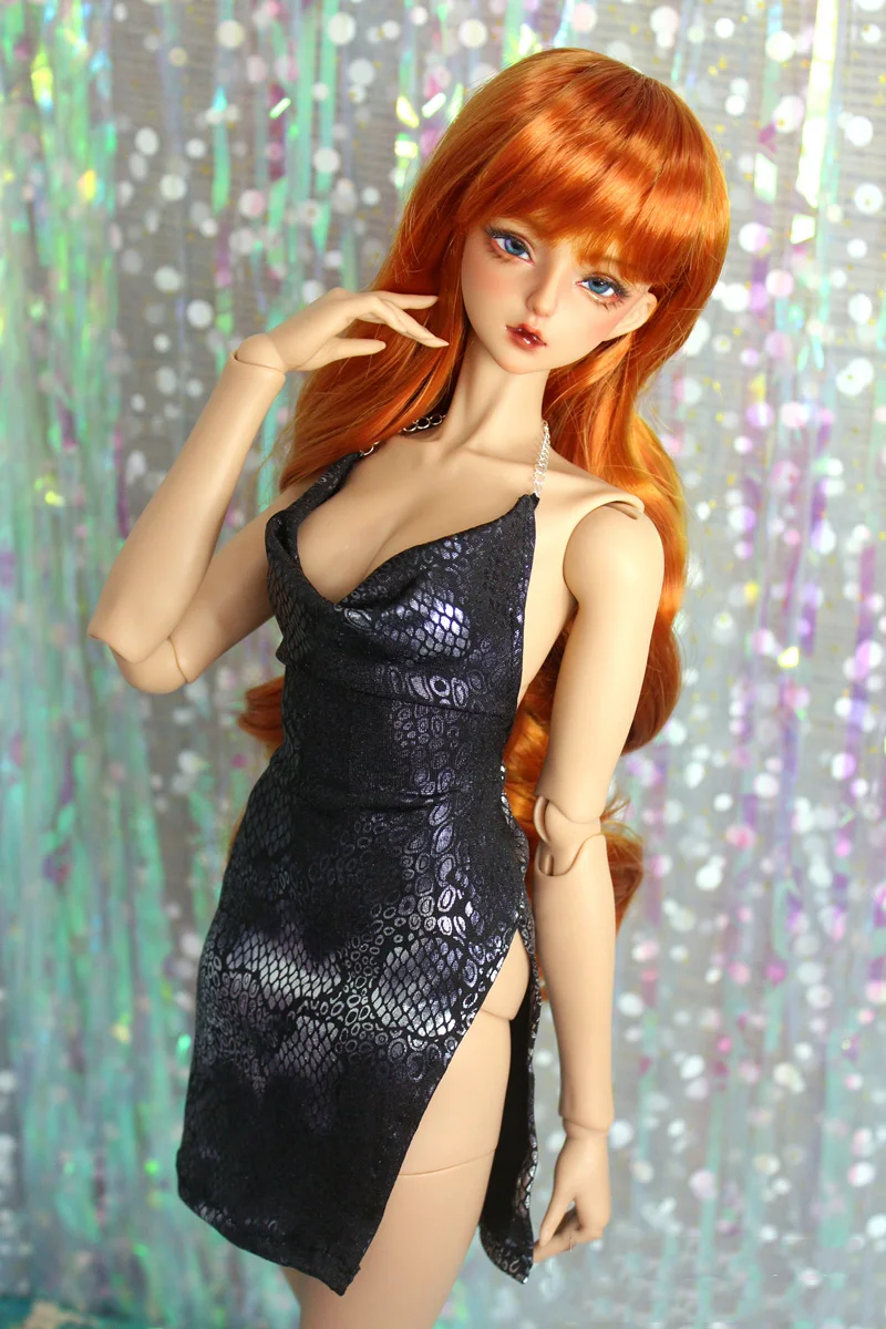 [High Quality] 1/3 1/4 Black Silver Snake Patterned Deep-V Backless High Split Long/Short Slong Dress for BJD DD MSD Dolls