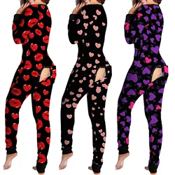 Sexy Heart Print Pajama for Women New Year Jumpsuit Button-down Front Back Butt Bum Open Ass Flap Jumpsuit Xmas Print Loungewear