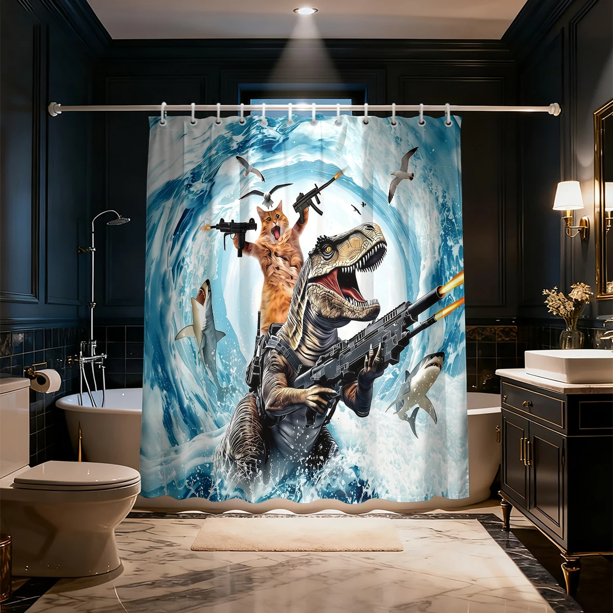 Waterproof Shower Curtain Funny Dinosaur Riding Wave Surfing Ocean Humor Animal Bathroom Decor Fabric Bath Curtain