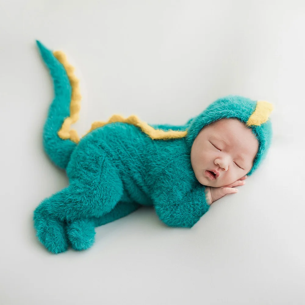 Trajes de dinossauro mohair tricotados com cauda, roupa fotográfica para recém-nascidos, adereços de fotografia, roupas photoshoot