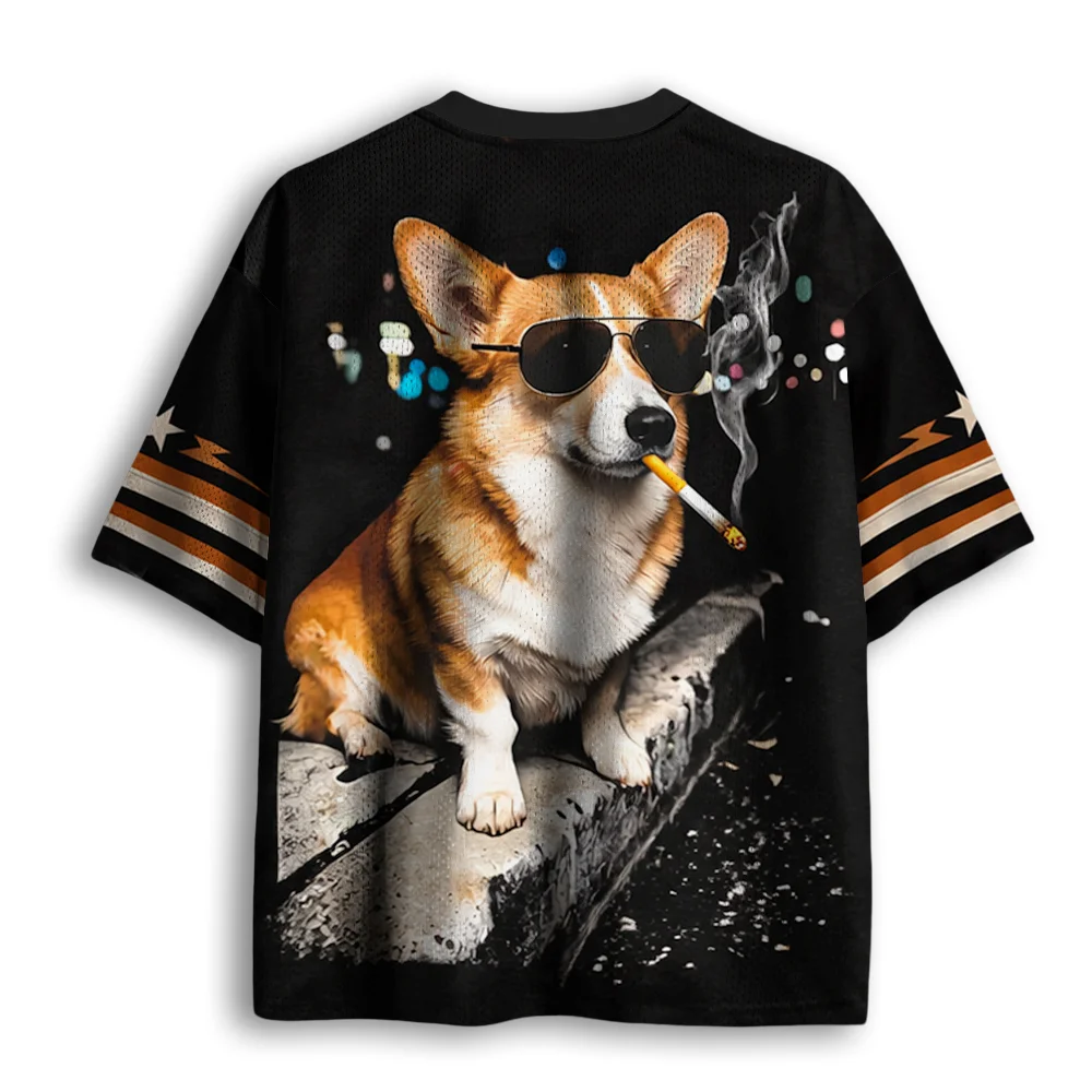 Cool Corgi Dog Graphic Mesh Jersey, Sunglasses Puppy Print V Neck Short Sleeve Casual Sports Party Top