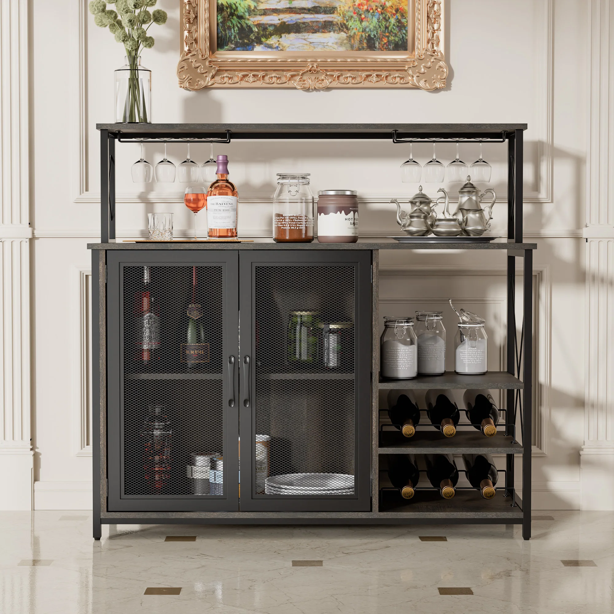 Wine Bar Cabinet with Removable Wine Rack, Coffee Bar Cabinet with Glass Holder, 3 Adjustable Open Shelves, Small Sideboard