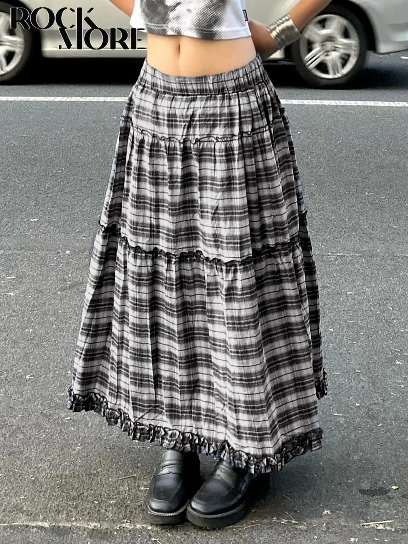 

Rockmore Vintage Plaid Patchwork Skirts Women Chic Loose Fit A-Line Skirts Harajuku Preppy Style Y2k Clothes Grunge Fairycore