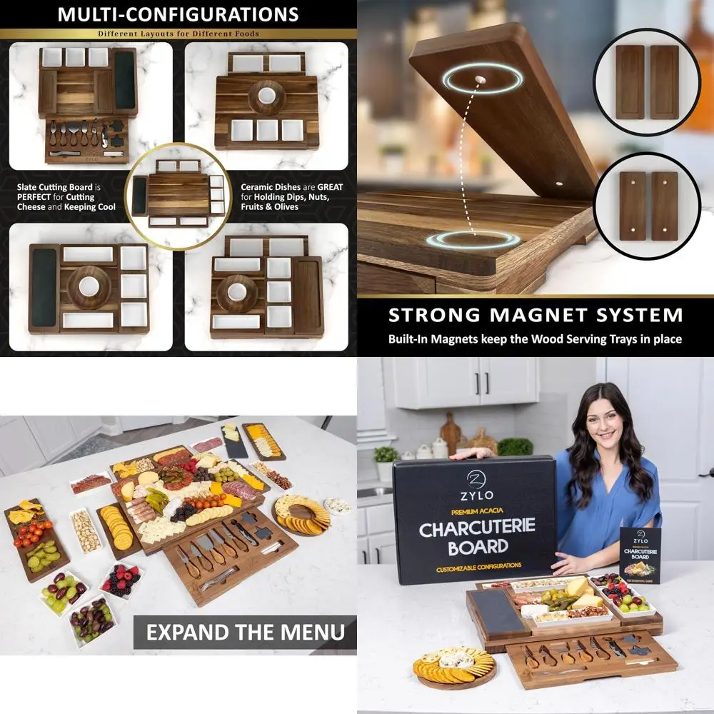 

Large Acacia Wood Charcuterie Board Set with Slate, Ceramic Dishes, and Knife Set, featuring Removable Magnetic Trays