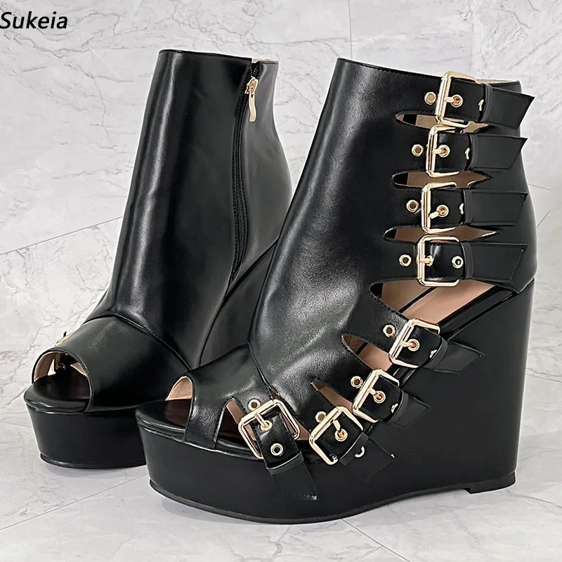 Sukeia Real Photos Women Gladiator Sandals Platform Wedges High Heels Round Toe Black Party Shoes Ladies US Size 5-20