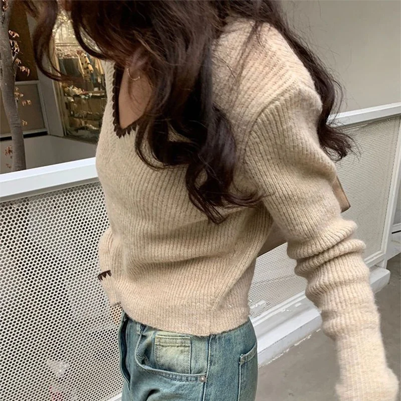 Korean Contrast Color Cropped Sweater Pullover Women Autumn V-Neck Knitted Pullovers Y2K Streetwear Long Sleeve Knitting Jumpers