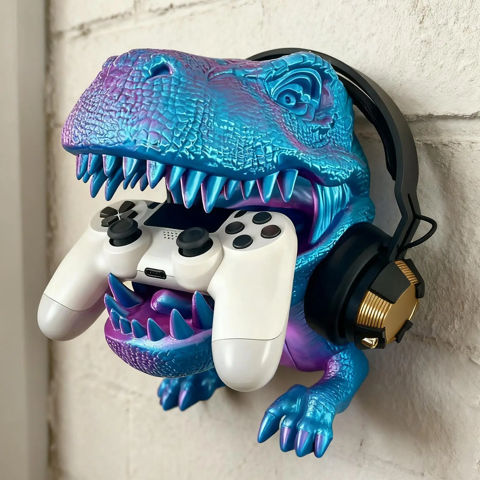 Soporte de Tiranosaurio Rex impreso en 3D, soporte para auriculares y controlador de juego, soporte de pared, decoración de pared de juego de dinosaurio 3D para el hogar y la habitación