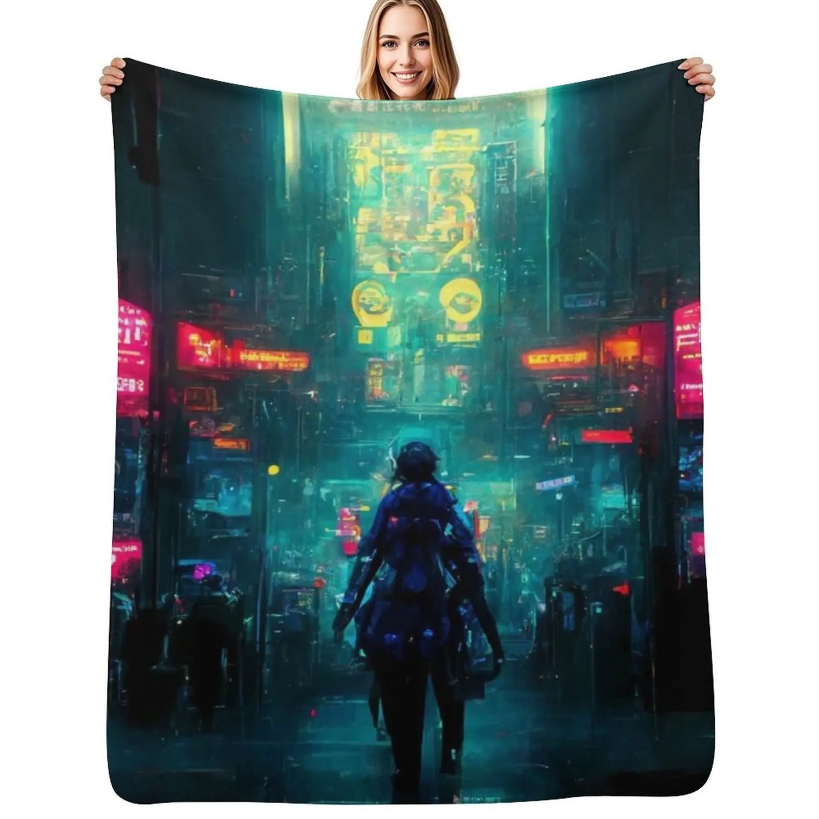Neon Cyberpunk Movie Poster Throw Blanket Cozy Microfiber Throw Blanket for Home Bedroom