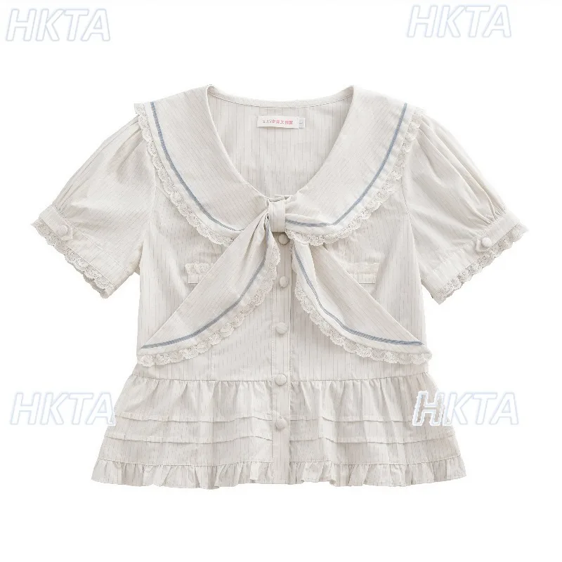 Japanese Summer Sweet Lolita Waist Short Sleeve Shirt Elegant Lace Bow Pleated Cute Navy Collar Black Blusas Versatile Top Women