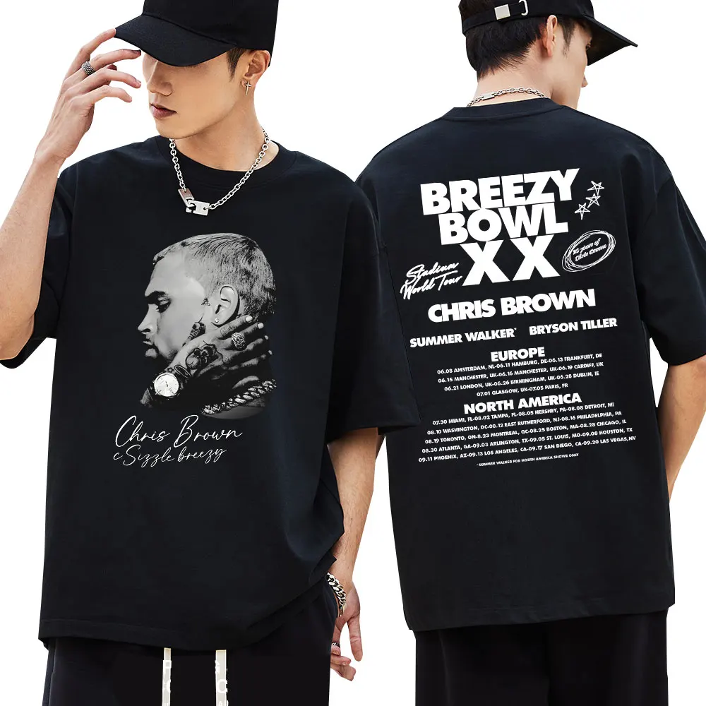 

Винтажная футболка Chris Brown Breezy Bowl XX Tour, мужская футболка в готическом стиле в стиле хип-хоп, хлопковая футболка большого размера, футболка высокого качества, уличная одежда