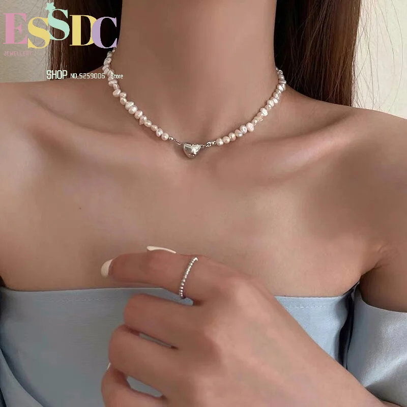 Natural irregular shape pearl necklace niche design love magnet buckle beaded necklace female ins style female gift fashionable