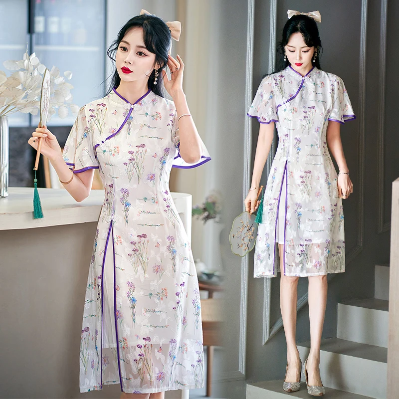 Robe qipao rétro de style traditionnel chinois, nouvelle mode d'été, manches courtes, jeune cheongsam amélioré