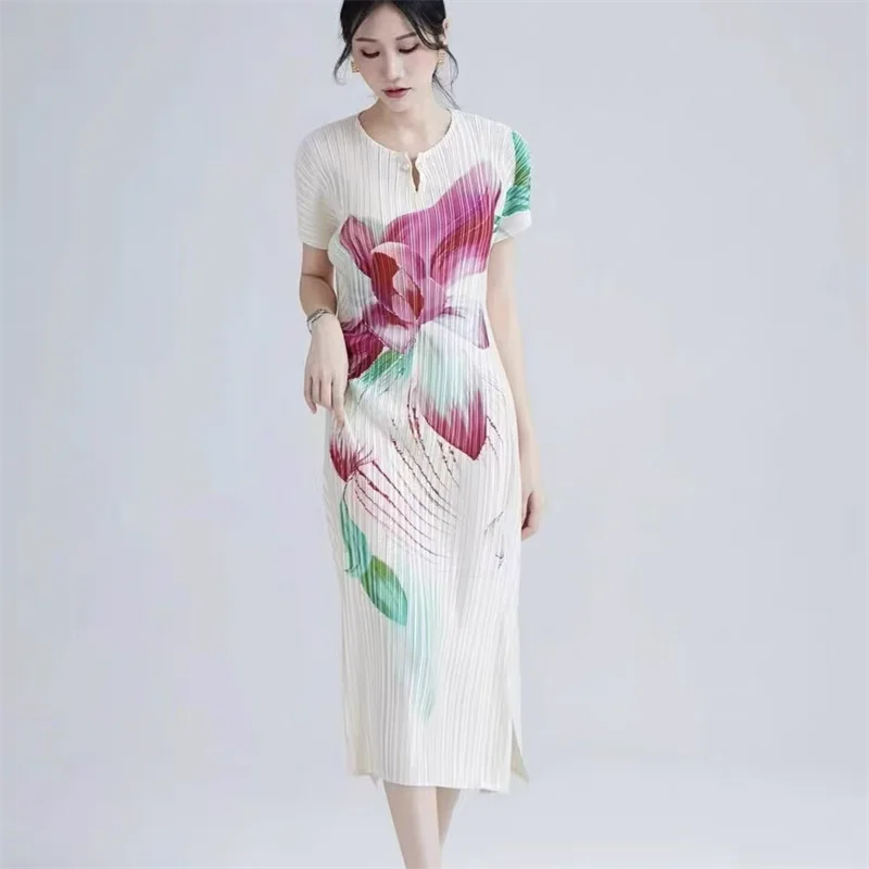Womens Dresses Evening Dresses Fashion Printed Pleated Dress Cheongsam Flower Loose Age-reducing Fashion Summer Long Dresses