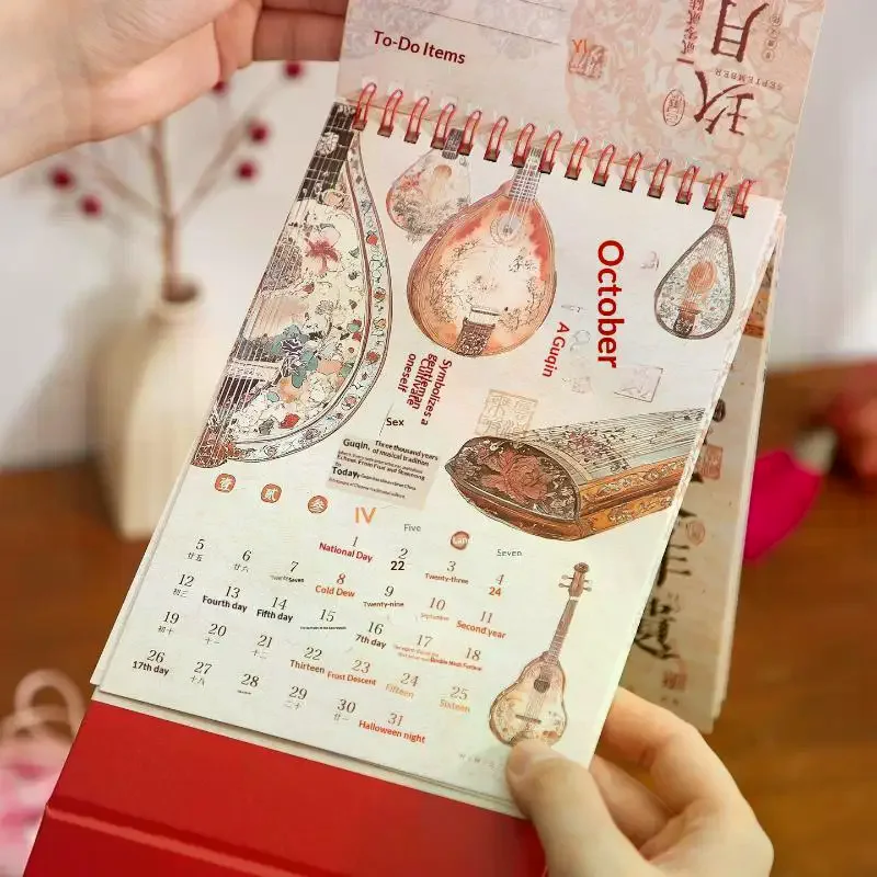 

2026 Red Hollowed-Out Calendar Embossed Vintage Design Horse Year Table Calendar Chinese Style Souvenir Large-sized Calendar