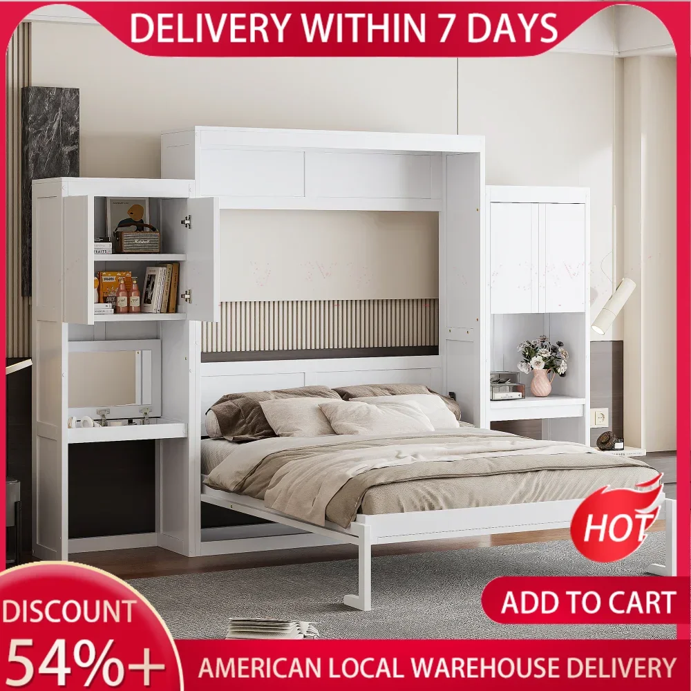 

Queen Size Vertical Murphy Bed with Desk Wood Hidden Wall Bed Frame with Vanity And Cabinets for Guest Room Bedroom Home Office