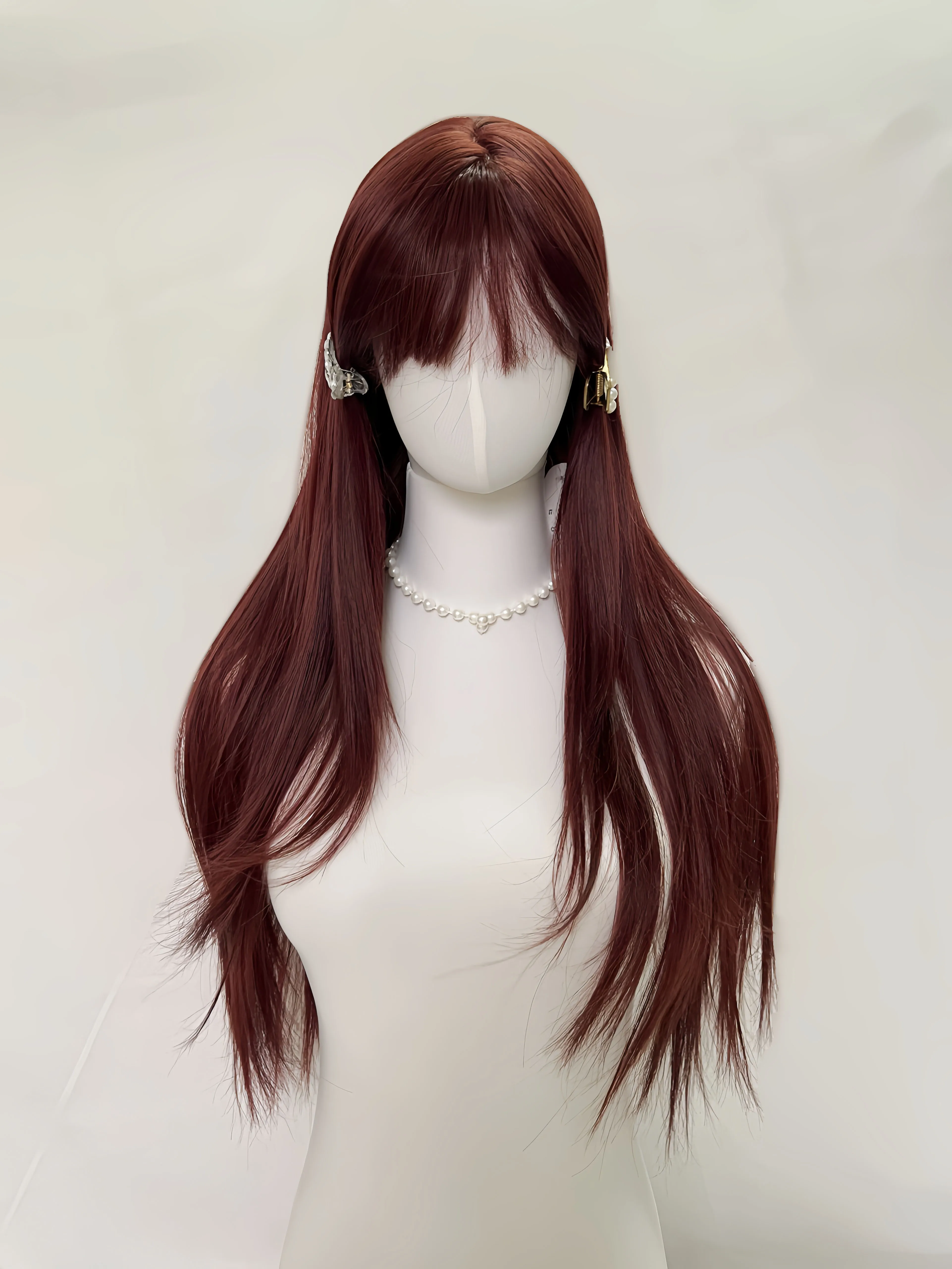 بورجوندي شعر مستعار أحمر للنساء طويل مستقيم عقال شعر مستعار مع الانفجارات لوليتا مقاومة للحرارة بيروكات صناعية للفتيات الاستخدام اليومي حفلة #2