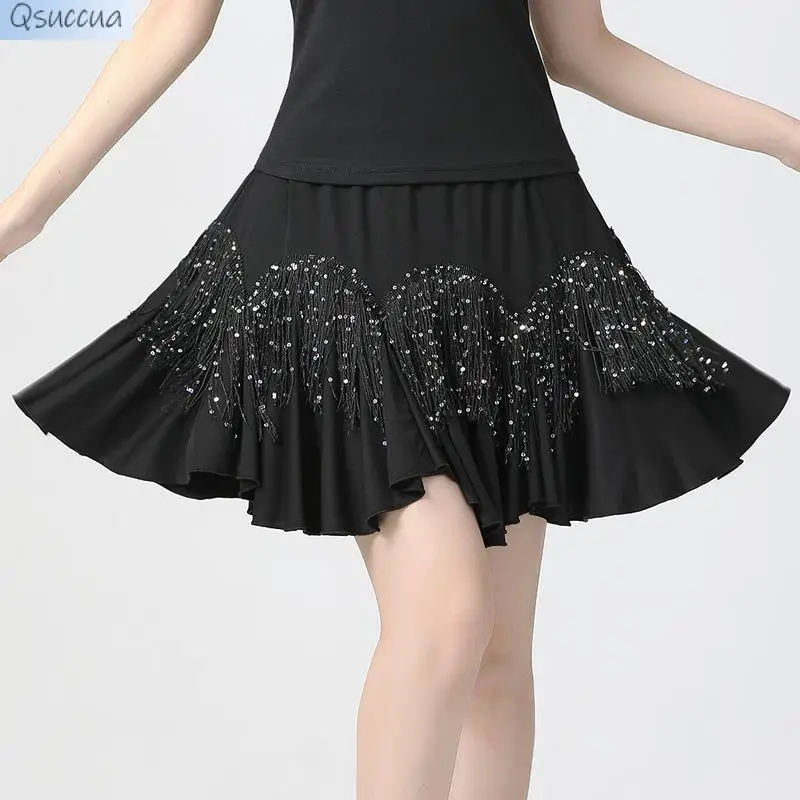 Latin Dance Sequined Tassel Skirt Square Dance Skirt New Female Modern Dance Ballroom Dance Skirt Three Steps