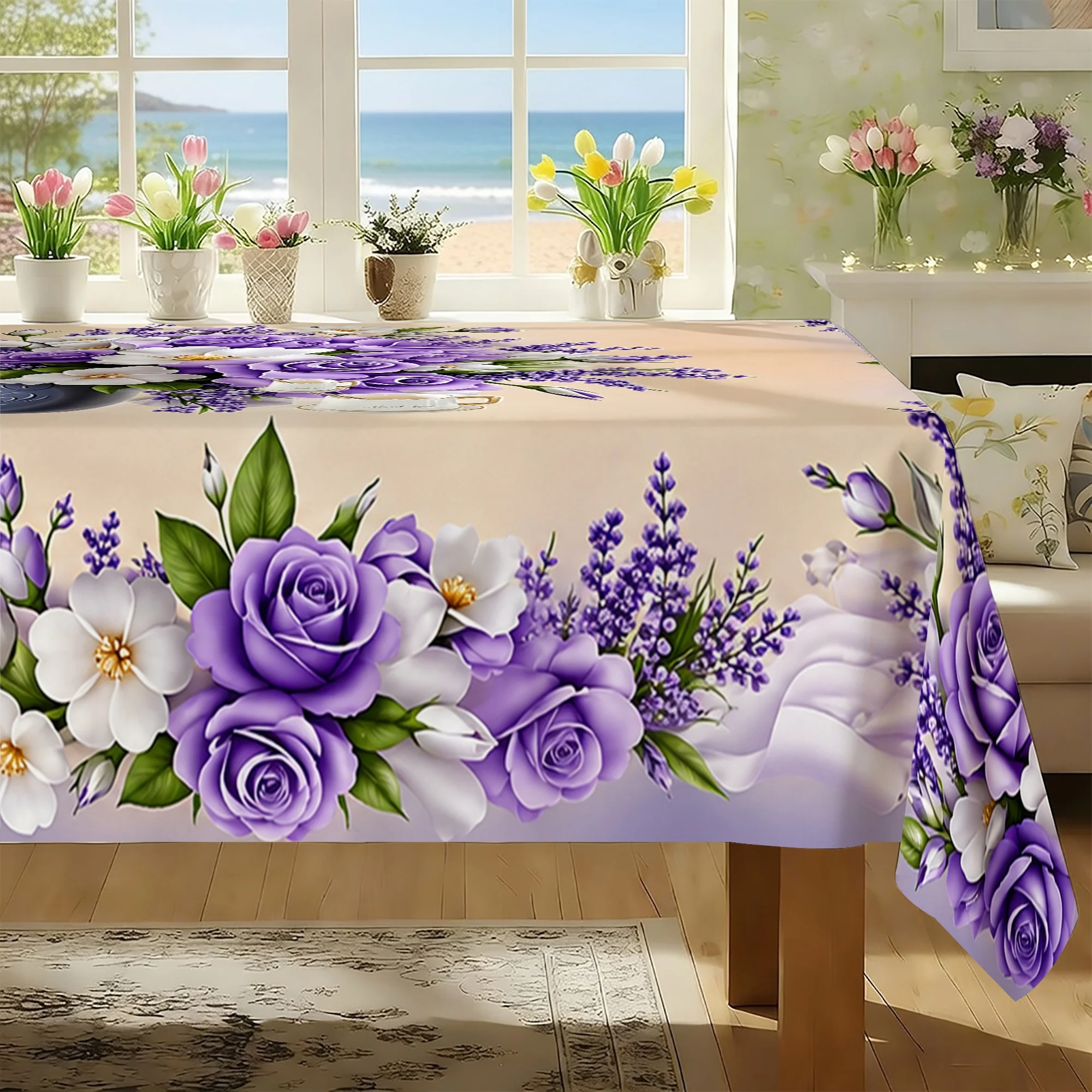 Luxury Purple Floral Tablecloth Runner for Rectangular Dining Table Centerpiece Home Decor Kitchen Washable Dining Room Linen De