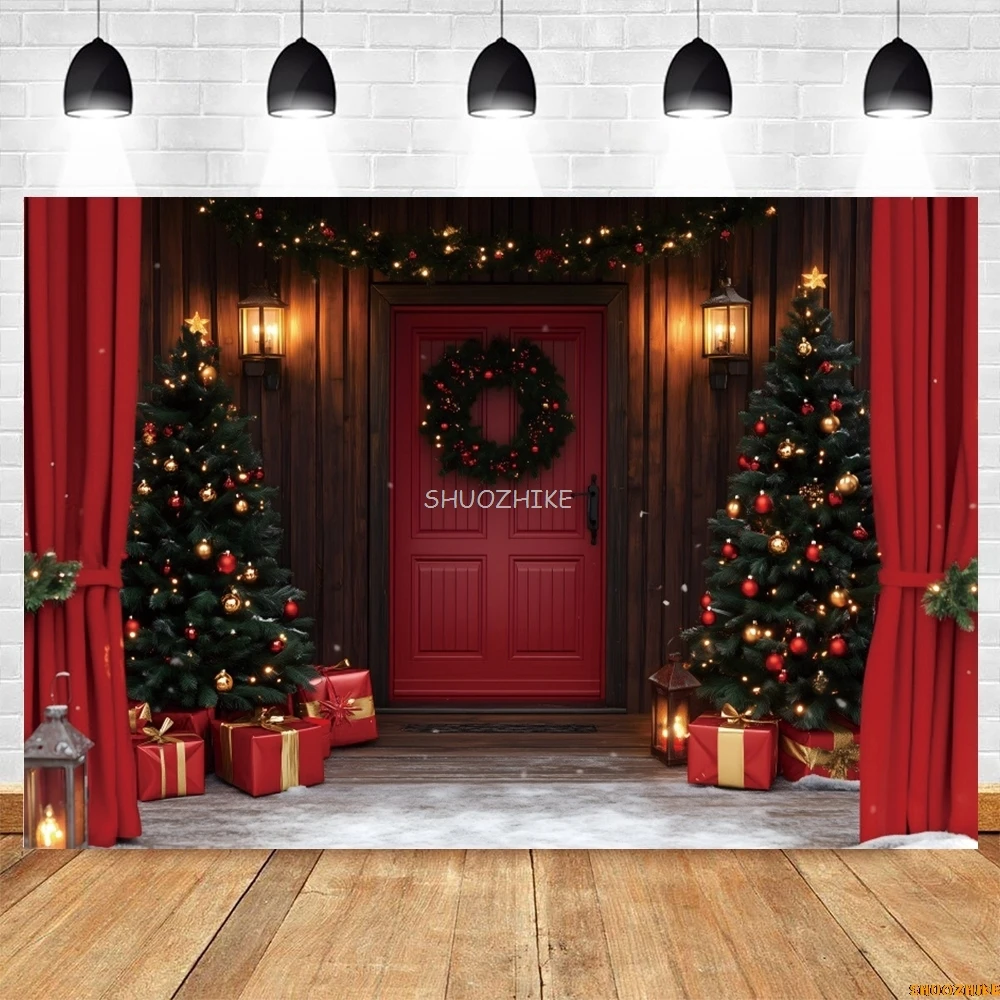 Christmas Red Barn Door Backdrop Farm Warehouse Snow Xmas Tree Light Gifts Kids Portrait Family Party Photography Background