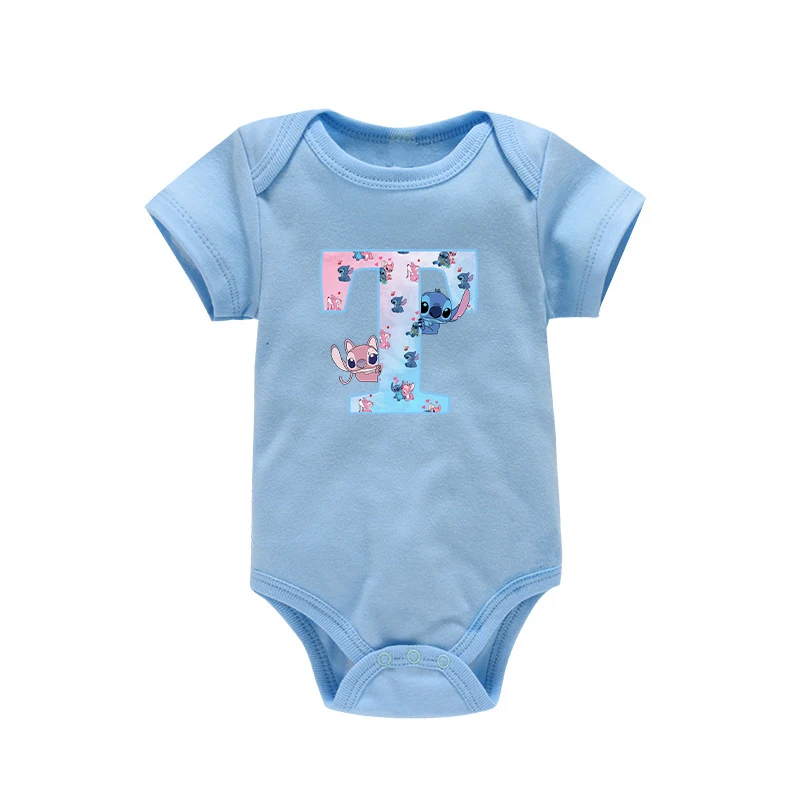 Disney Stitch Letter A-Z Baby Boy Clothes New Anime Kawaii Cute Newborn Rompers Summer Blue Bodysuits One-Pieces Jumpsuits Gift