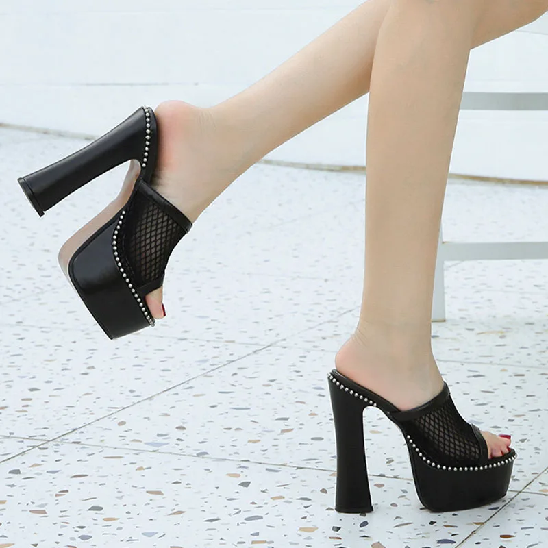 New Mesh Design Rivet Slippers Women Open Toe Slide Shoes Custom Platform Slippers High Heels Sandals Big Size 44 45 46 WSH5036