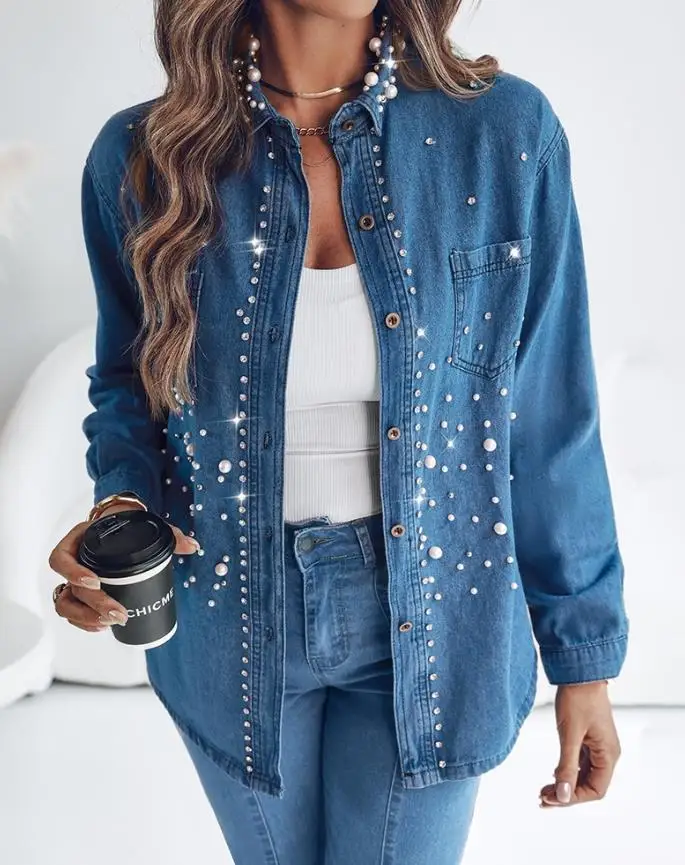 Pearls & Rhinestone Decor Turn-Down Collar Button Front Denim Shirt Casual Top