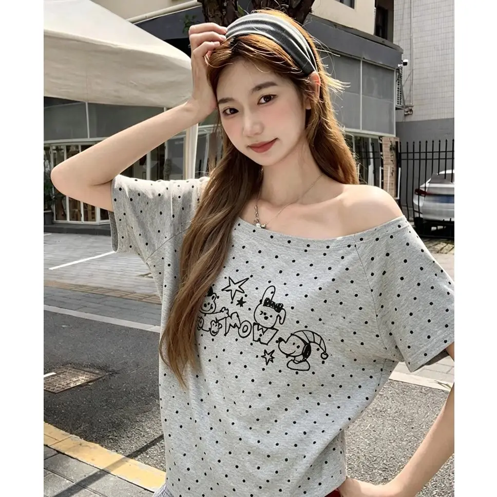 Summer Unique Sexy Irregular Shoulder Bone Short Sleeve Top Korean Style Printed Loose Fit T-Shirt for Women Hot Girl Short T...