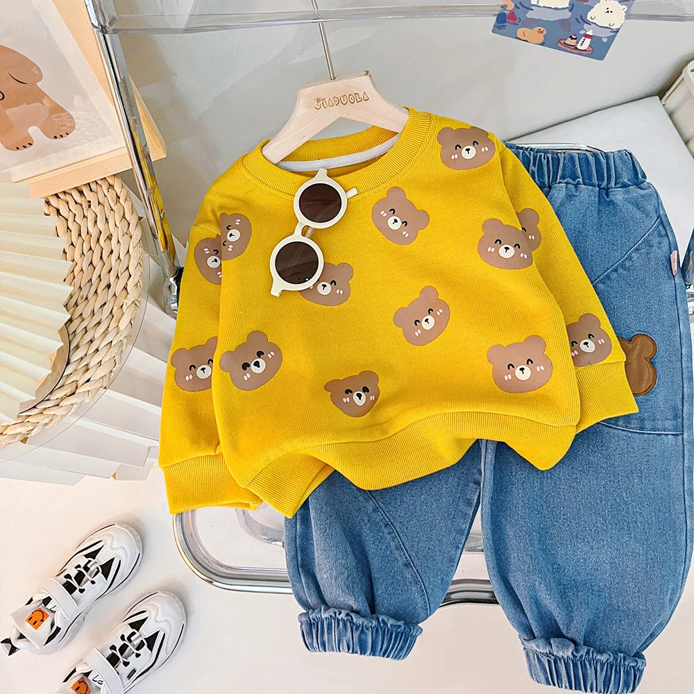 Spring Autumn Baby Boys Girls Clothing Sets Cute Cartoon Bear Rabbit Sweatshirt Tops + Denim Pants Jeans Kids Casual Clothes