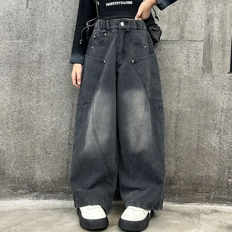 Spring/Autumn Girls' Jeans Retro Curved Knife Pants Teen Children Warm Thick Loose Straight Leg Wide Leg Pants 5 7 9 11 13 15Y