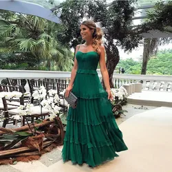 Fashion Green Tiered Women Party Dress Sexy Spaghetti Slip Backless Evening Dresses Elegant Sleeveless Female Midi Vestidos Robe