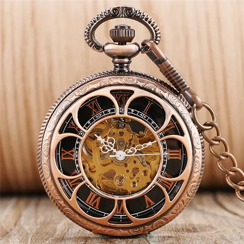 Rose Gold Hollow Out Pumpkin Mens Womens Auto Mechanical Pocket Watches Roman Number Dial Pendant Chain Skeleton Clock Gift