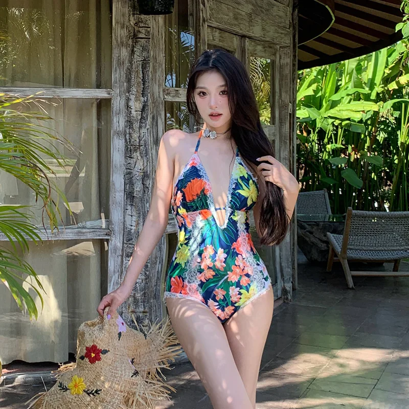 Korean Style One Piece Swimwear Plunge Neck Push Up Swimsuit floral print Bathing Suit Sexy Monokini Pool Beachwear 2024 New