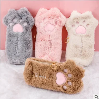 

Cut Cat Paw Pencil Bag Soft Plush Kawaii Makeup Pouch Large Capacity Pencil Case Pen Holder Stationery Organizer School Supplies