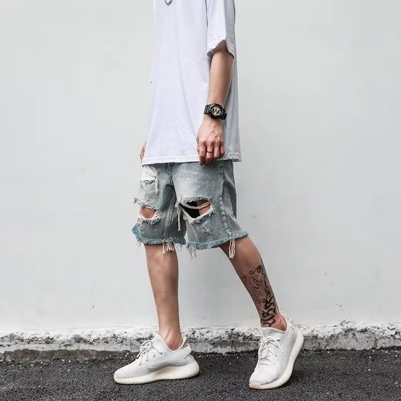 Summer Men's Hole Straight Wide Leg Harlan Jean Shorts Pants Elastic High Wash Baggy Denim Short Pants