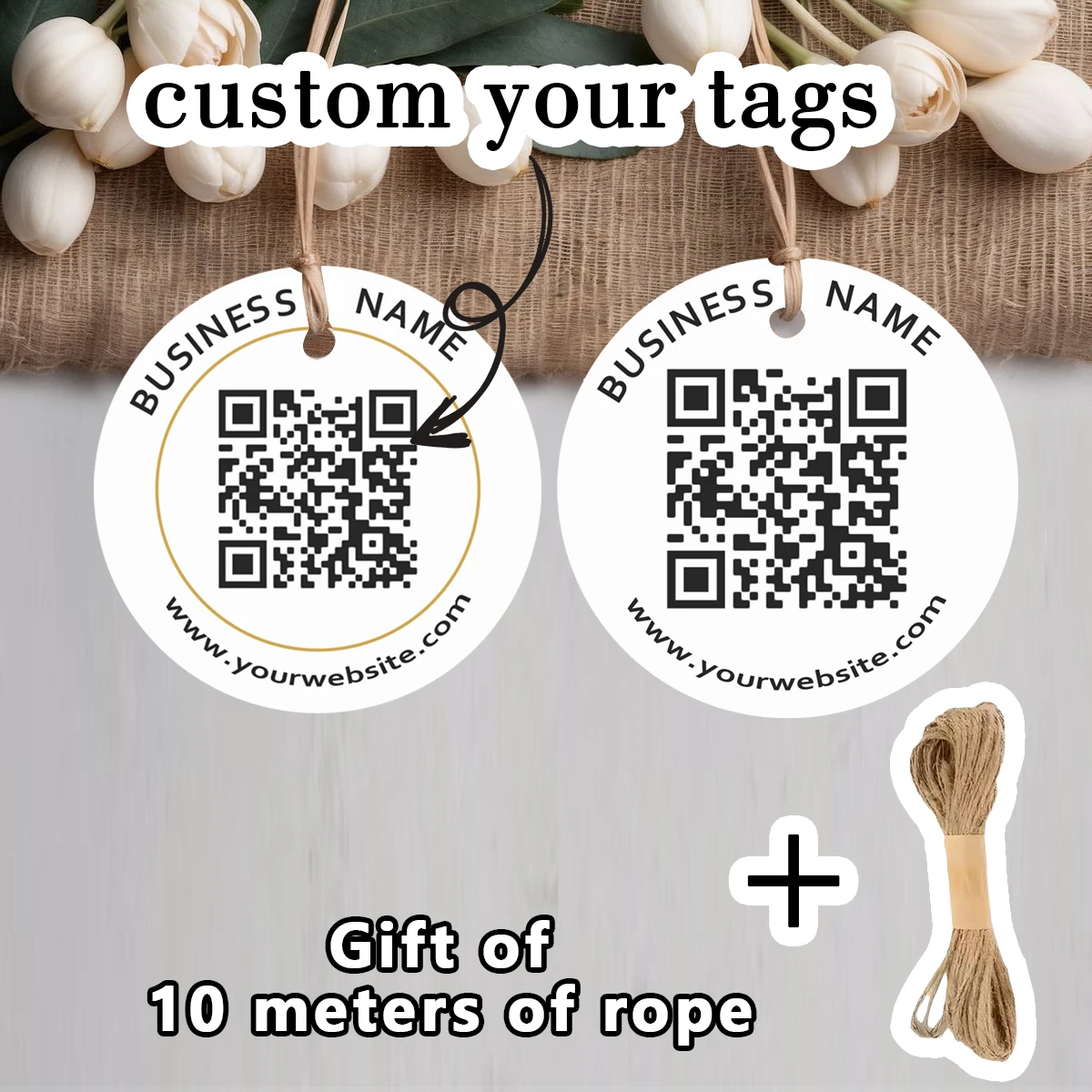 Ornamento de suspensão com código qr personalizado, 50 peças com corda-etiqueta de link de site personalizado para marcas de negócios, etiquetas de presente e decoração