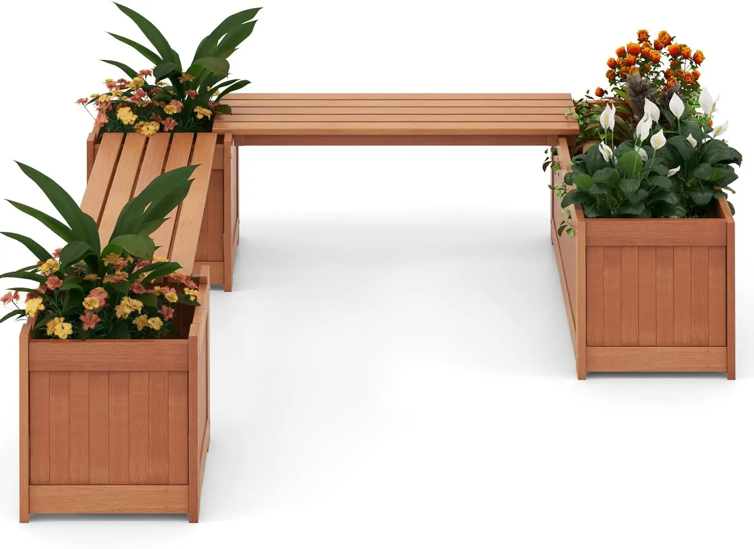 2-in-1 Outdoor Bench, Wood Raised Garden Bed with Open Base, Teak Oil Finish, Rectangular Deep Planter Boxes for Flowers Fruit