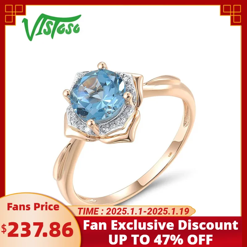 

VISTOSO Genuine Solitaire 14K 585 Rose Gold Ring For Women Diamond Swiss Blue Topaz Engagement Wedding Fine Classic Jewelry