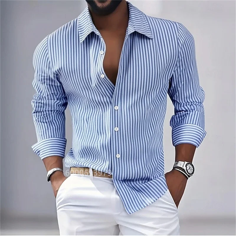 Men's striped button-down long-sleeved shirt, spring and autumn style, available in blue, pink, purple, brown, and green.