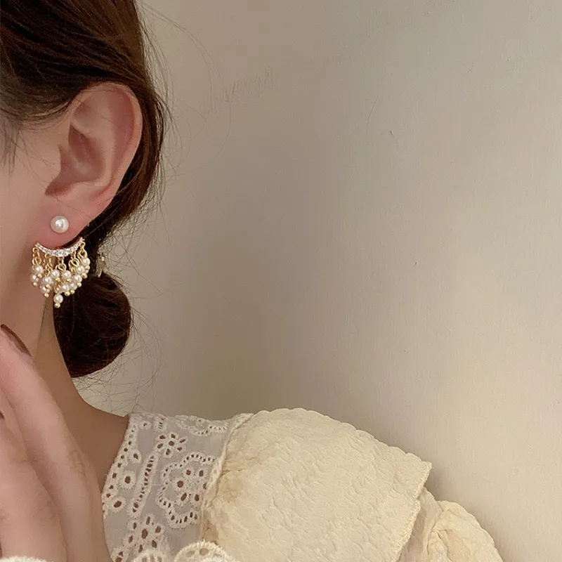 

2025 Korean Women Fashion Earrings, Rice Pearl Embellished Metal Flower Basket Dangle Earrings, Y2K Pearl Party Jewelry Gift​