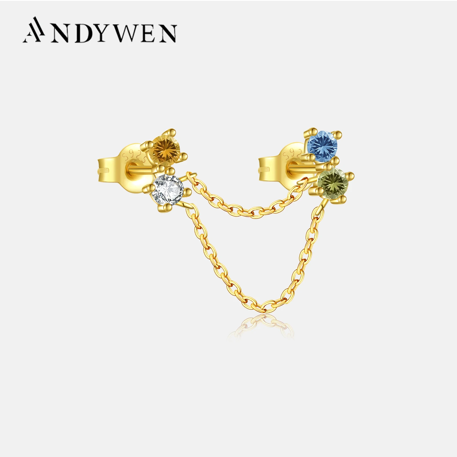 

ANDYWEN 925 Sterling Silver Gold Chain Rainbow CZ Stud Earring Clip Line Crystal Jewels Women Fine Jewelry 2022 Party Piercing