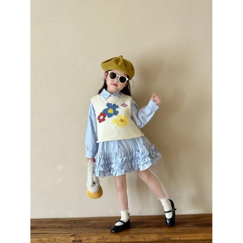 Girls' Suit2024Autumn New Children2-7Year-Old Cartoon Sweater Vest Long-Sleeve Children One-Piece Dress Tide