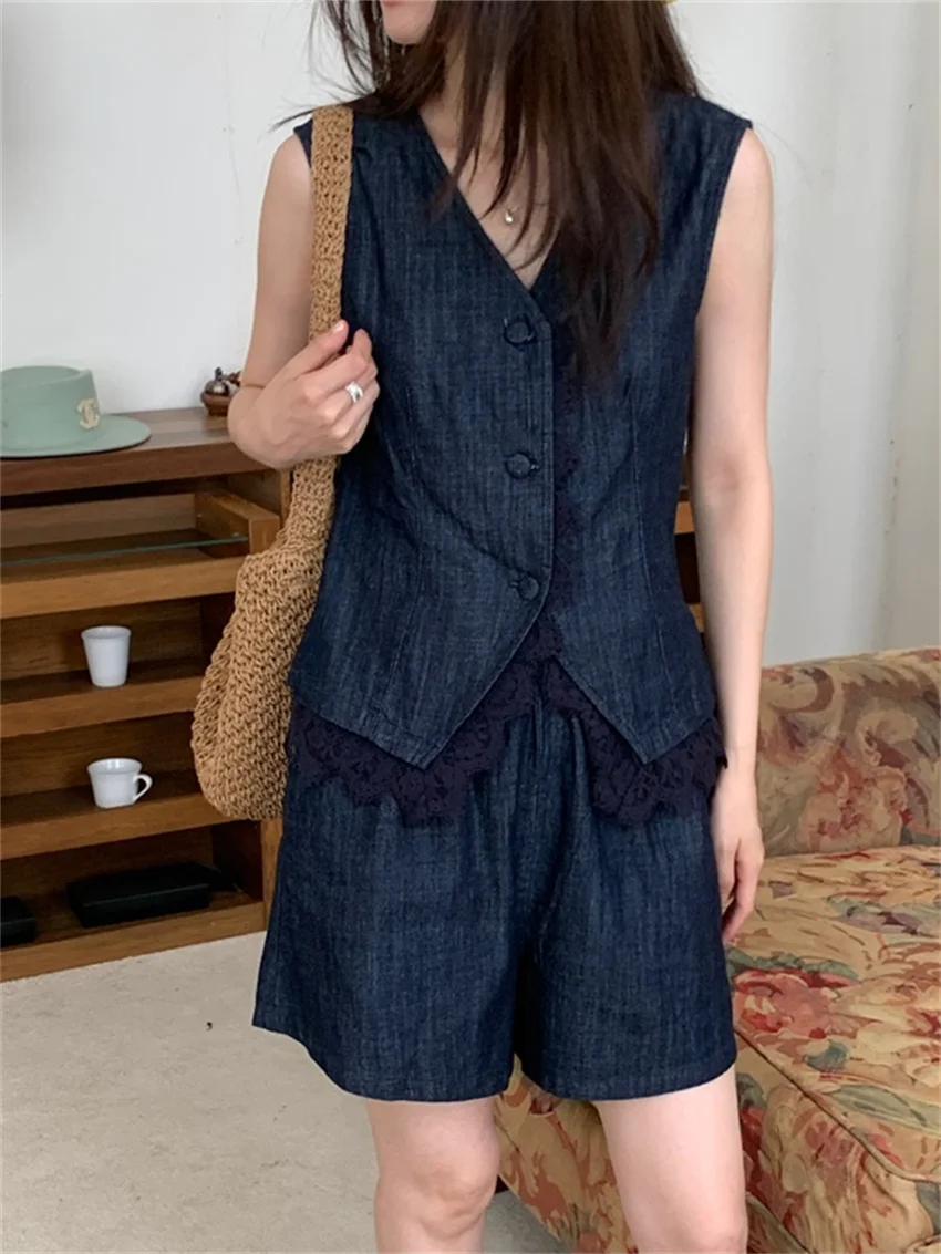 Alien Kitty Chic Fashion Summer Suits Slim Patchwork New Gentle Denim Vest Coats Vintage High Street OL Wide Leg Shorts Sets