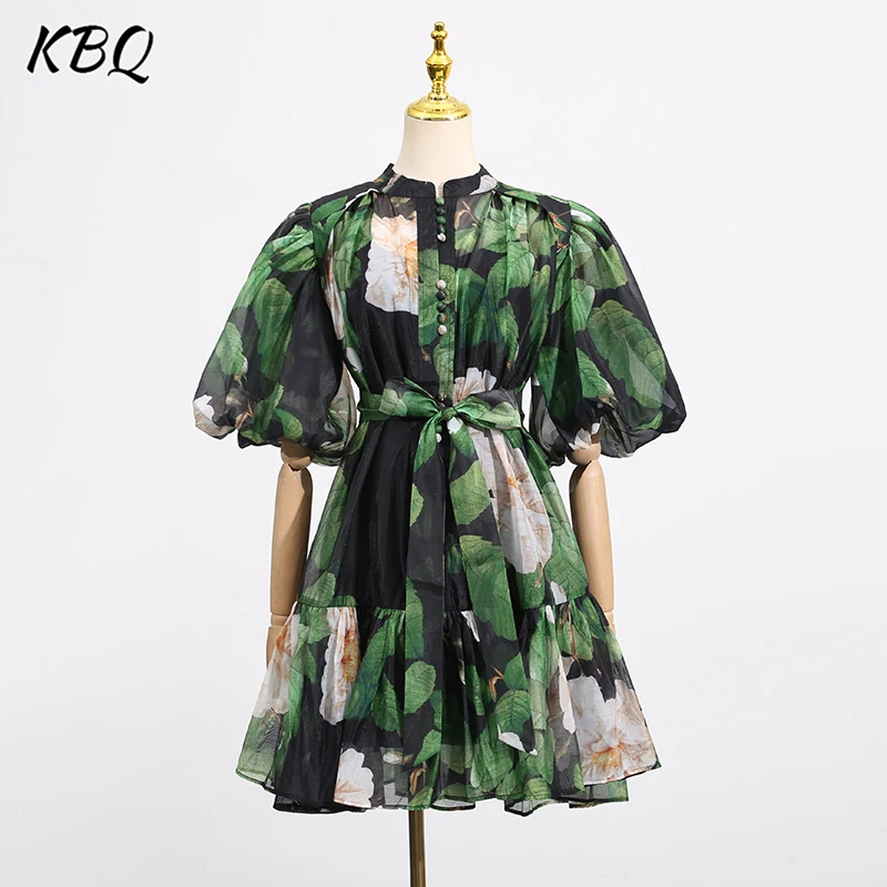 

KBQ Hit Color Print Loose Mini Dresses for Women Lapel Short Sleeve High Waist Spliced Ruffles Dress Female Summer Fashion New