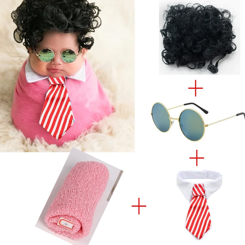 Newborn Photography Props Set - 4PCS Baby Photo Shoot Accessories with Wig Hat, Wrap, Headband & Collar and Glasses for Studio