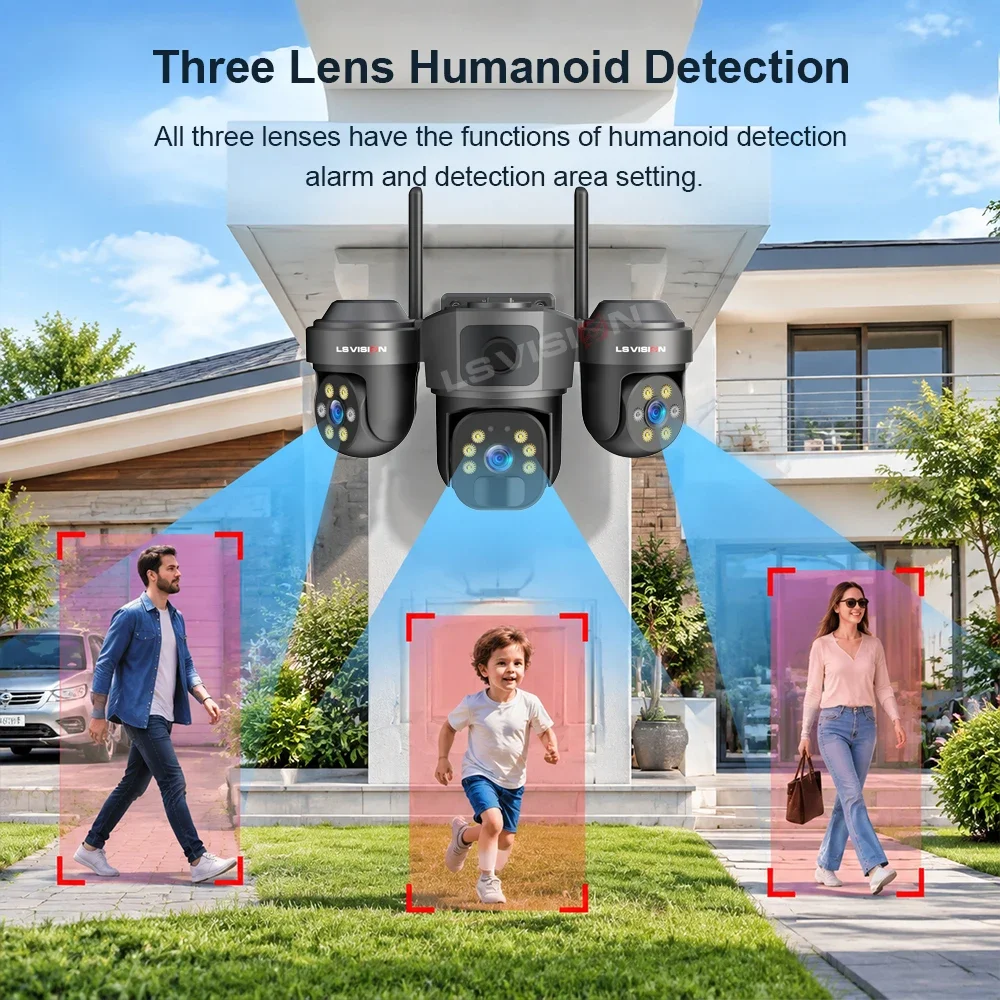LS VISION 12MP 4G/WiFi AOV Solar Camera 24/7 Recording Outdoor Three Screen 3-Lens Human Detection Auto Tracking Security Camera
