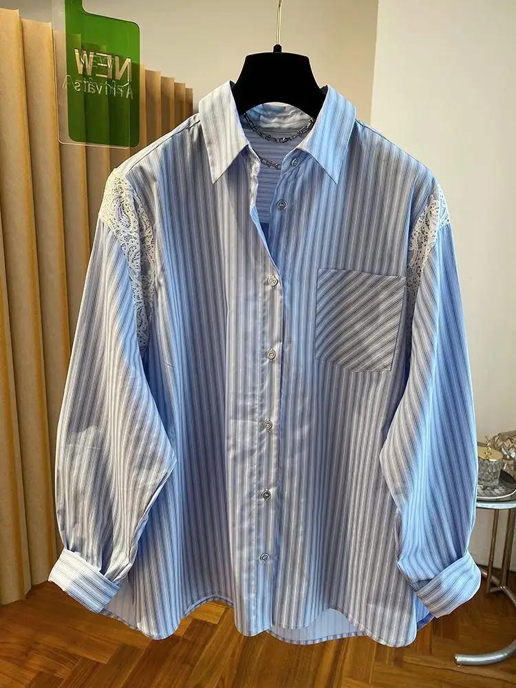 

SuperAen 2026 Spring New Europe and America-style Blue Striped Single Breasted Shirt Loose Lace Patchwork Sweet Casual Shirts