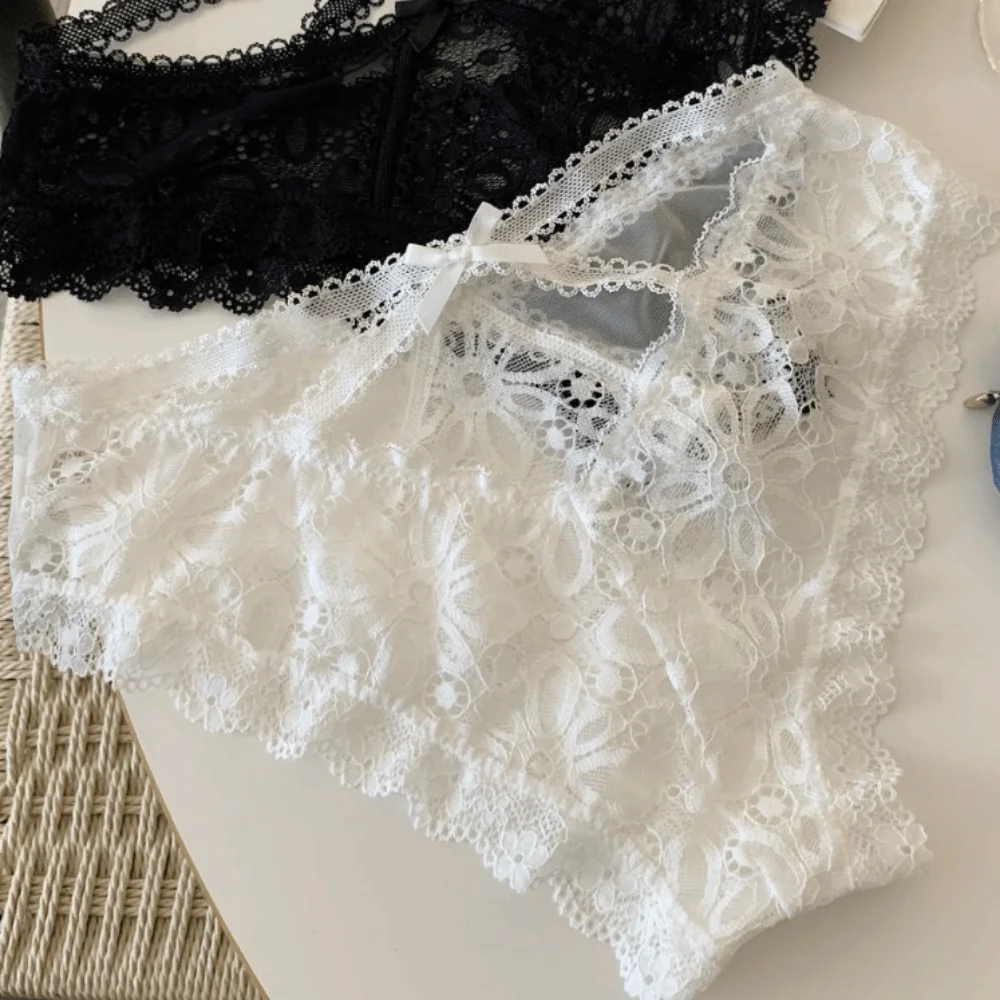 Fashion Bow Lace Flower Panties Transparent Low Waist French Style Briefs Hollow Lace Mesh Briefs Lady