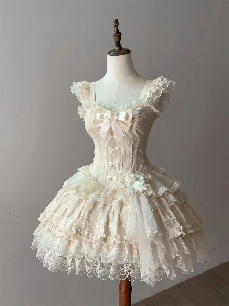 Vestido de fiesta japonés dulce princesa Lolita elegante para mujer Y2k elegante vestido Vintage de hada con lazo ajustado encaje de flores trajes Retro de verano