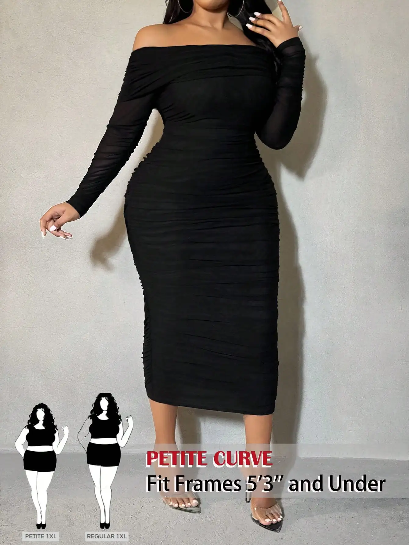 

Petite Curve Off Shoulder Long Sleeve Pleated Fitted Black Dress for Shorter Women